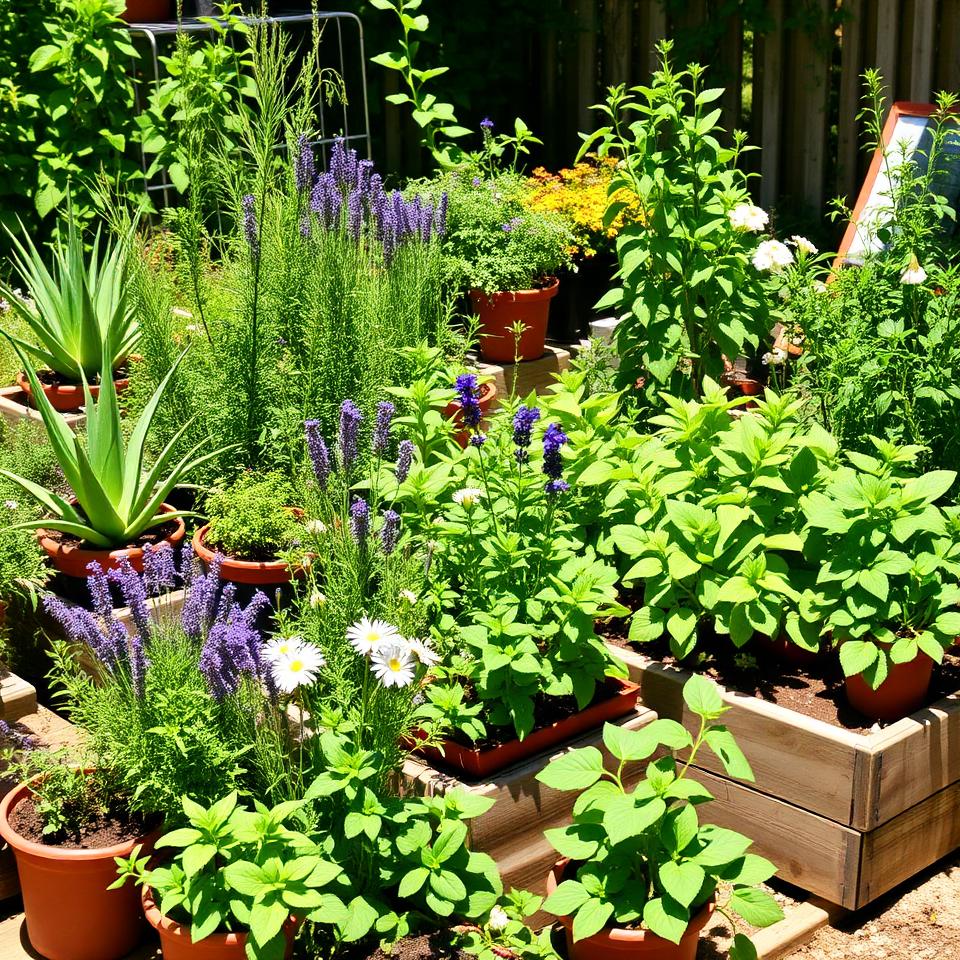 Lush home medicinal garden with lavender, chamomile, aloe vera, rosemary, and mint in raised beds and pots