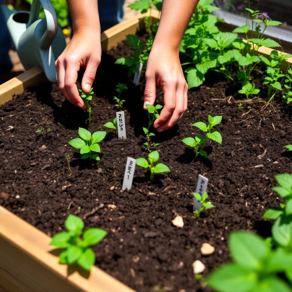 Hands planting medicinal herb seedlings with plant markers into a raised garden bed with rich soil