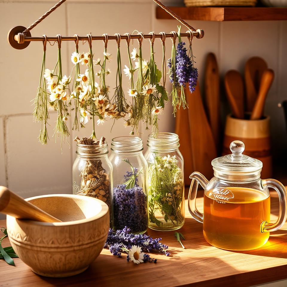 Freshly harvested herbs drying on a rack with mason jars of dried chamomile and lavender and herbal tea steeping