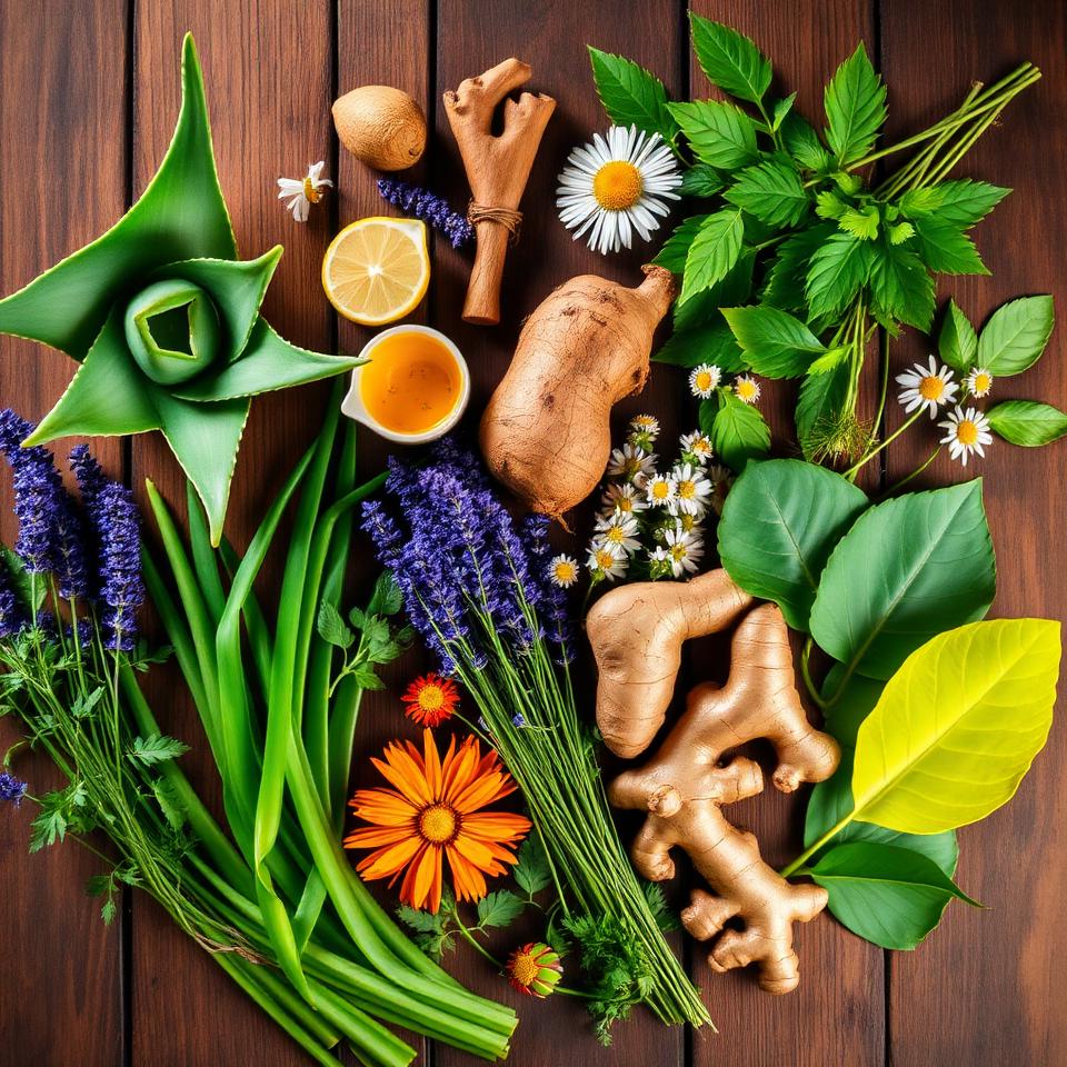 Diverse medicinal plants and herbs including aloe vera, turmeric, lavender, chamomile, and ginger on a rustic wooden table