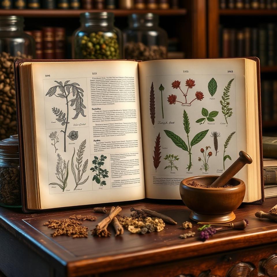 Open botanical reference book with plant illustrations alongside dried herbs in jars and mortar and pestle