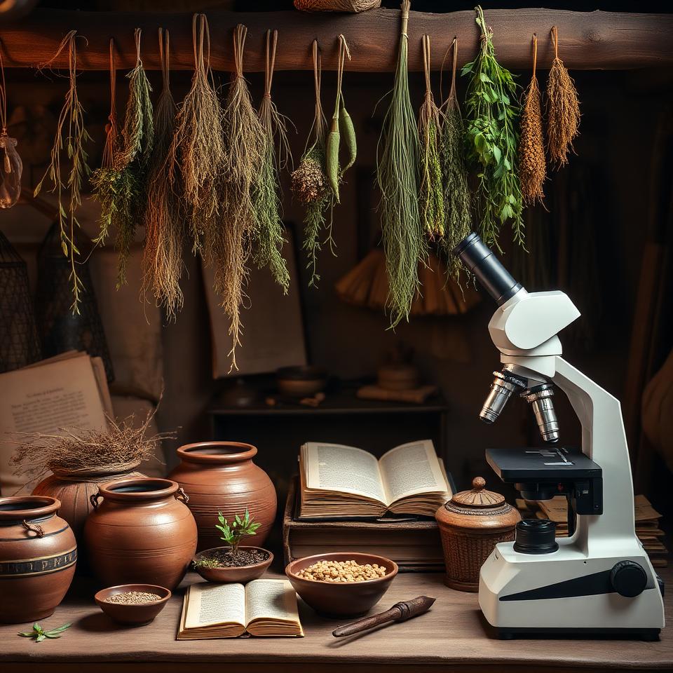 Traditional herbal medicine setup with clay pots and dried herbs hanging beside a modern microscope