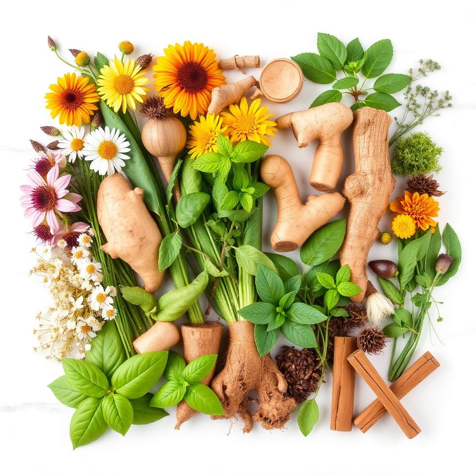 Organized display of medicinal plant types: flowering herbs, root medicines, leafy herbs, and bark specimens on white marble