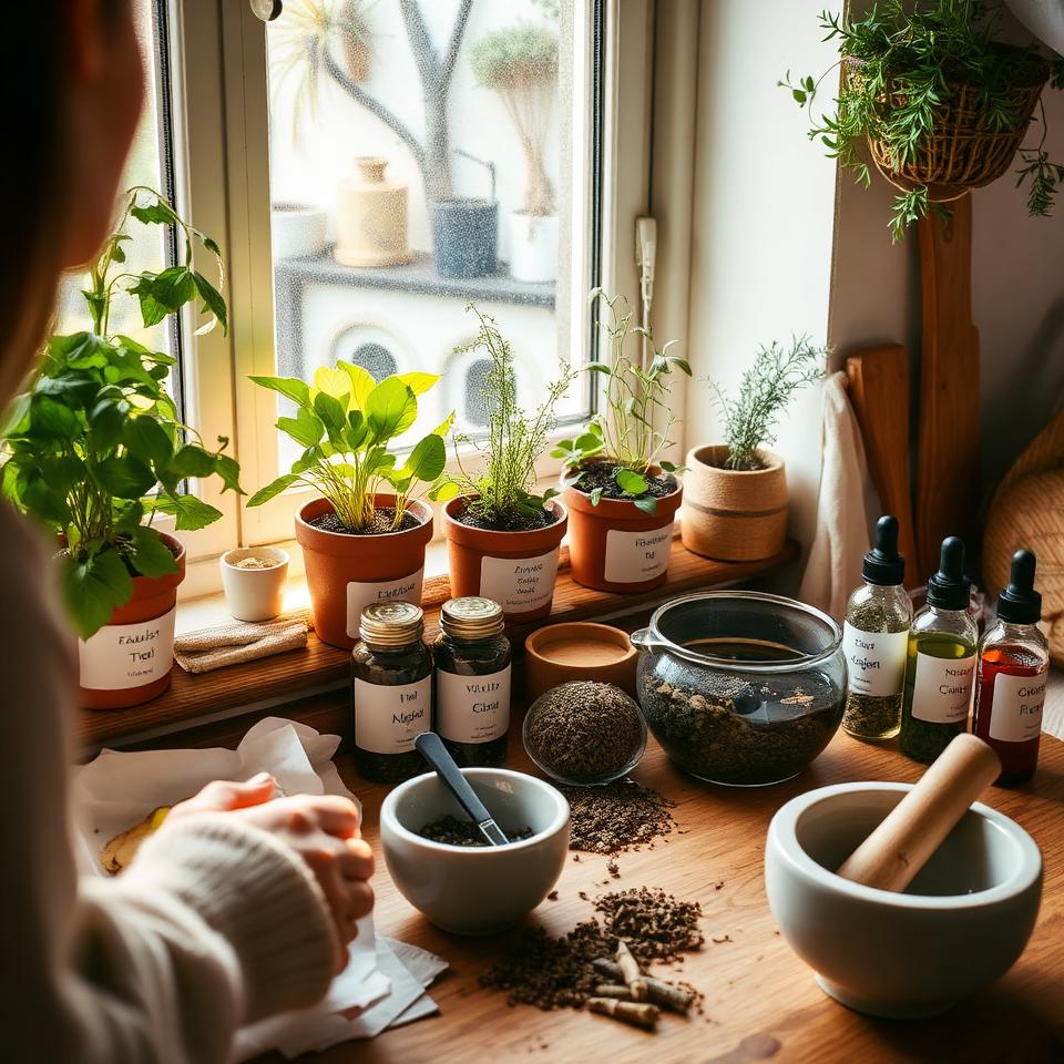 Person preparing herbal tea and tinctures in a cozy kitchen with fresh medicinal herbs on windowsill