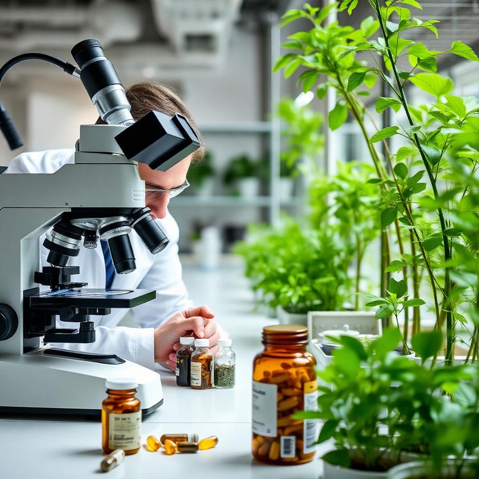 Scientist examining medicinal plant extracts under microscope with herbal supplements and plants in research lab