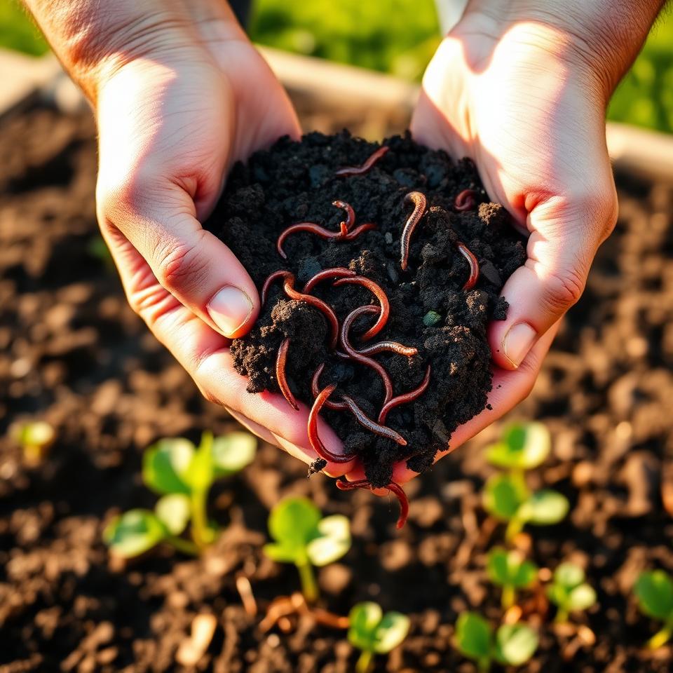 Hands holding rich dark compost soil with earthworms over an organic vegetable garden bed at golden hour