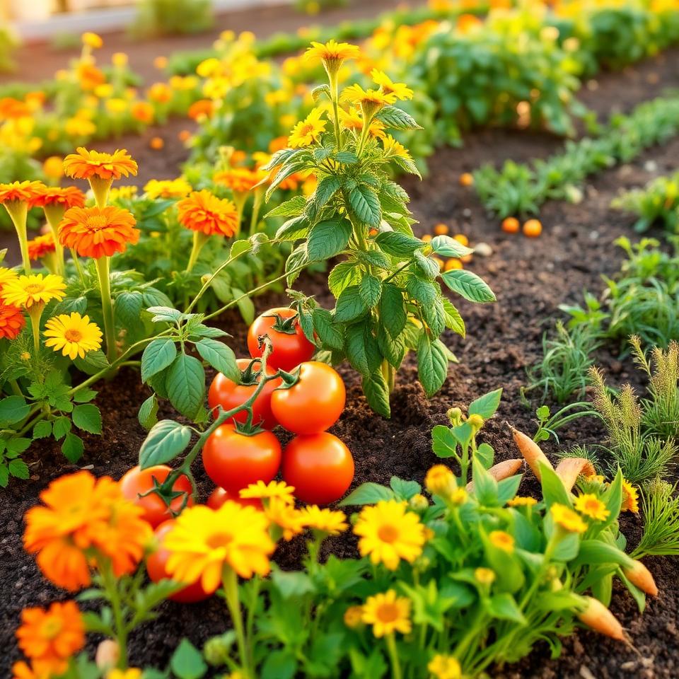 Companion planting garden bed with tomatoes, basil, and marigolds growing together in an organic garden