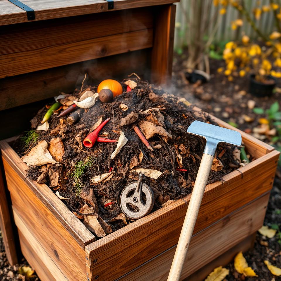 Wooden compost bin with steaming kitchen scraps and garden waste with pitchfork in backyard