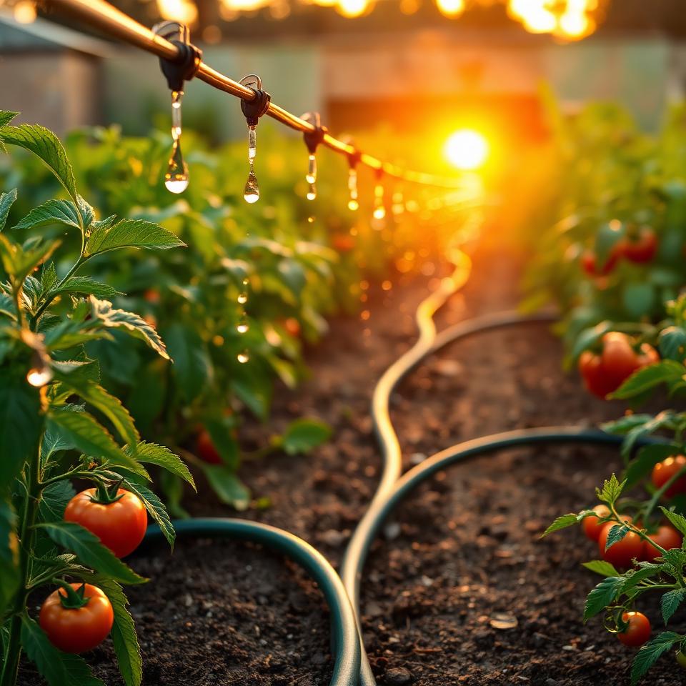 Drip irrigation system watering organic tomato plants at sunrise with glistening water droplets