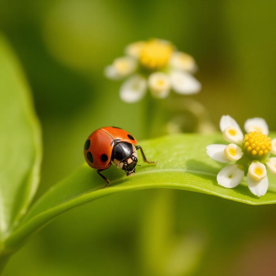 Ladybug on a green leaf with white flowers in soft bokeh background, beneficial insect in organic garden