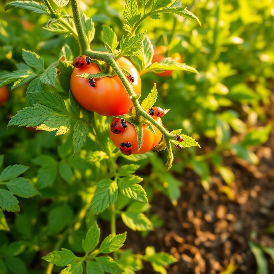 Ladybugs on tomato plants in an organic garden as natural pest control at golden hour