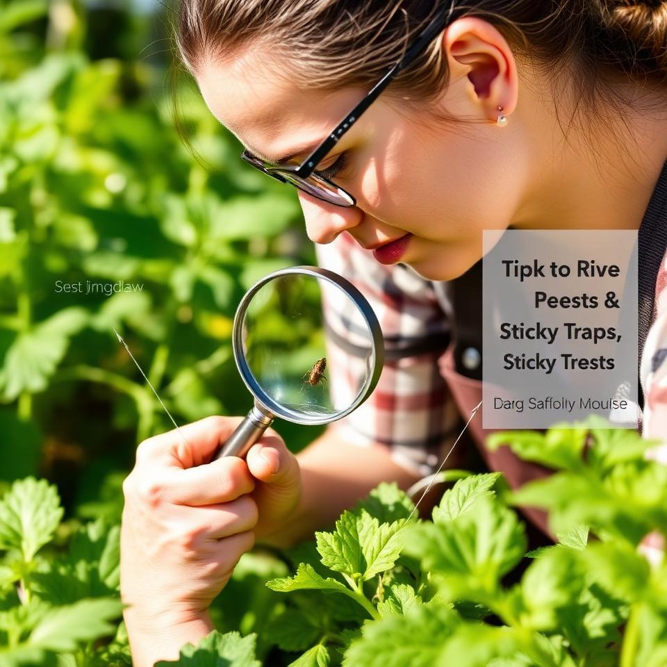 Gardener inspecting vegetable plants with a magnifying glass for pests in an outdoor garden
