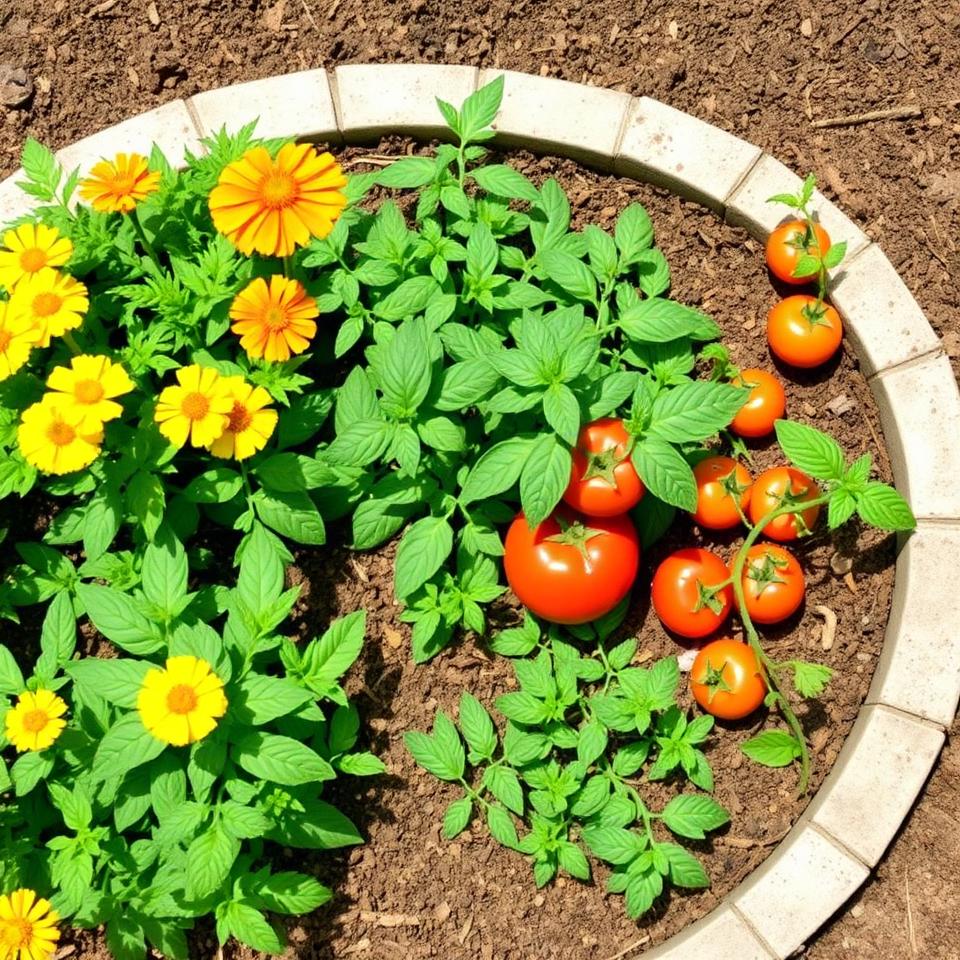 Companion planting garden bed with marigolds, basil, and tomatoes growing together as natural pest deterrents