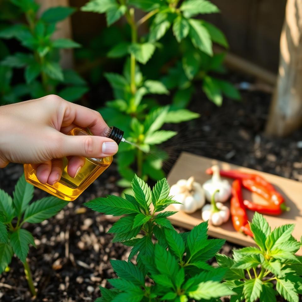 Hand spraying organic neem oil on garden plants with garlic and chili peppers for DIY repellent