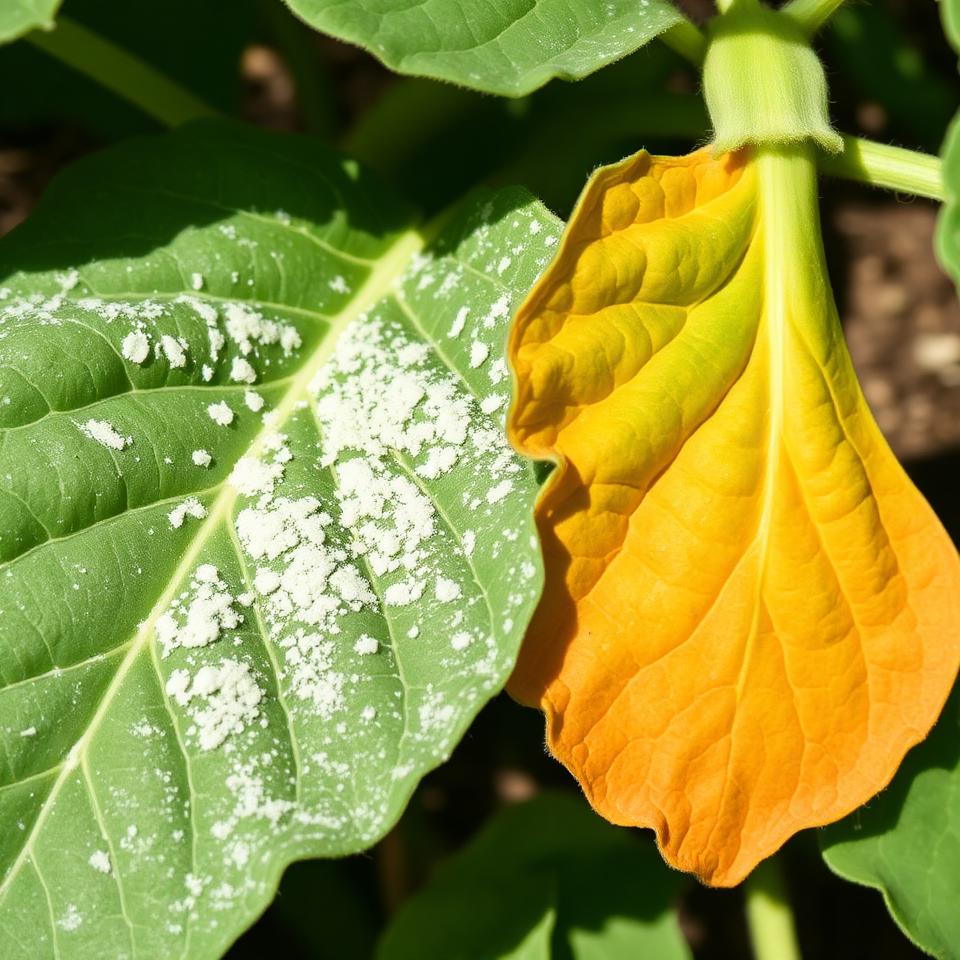 Close-up of powdery mildew on a squash leaf being treated with organic solution in a garden