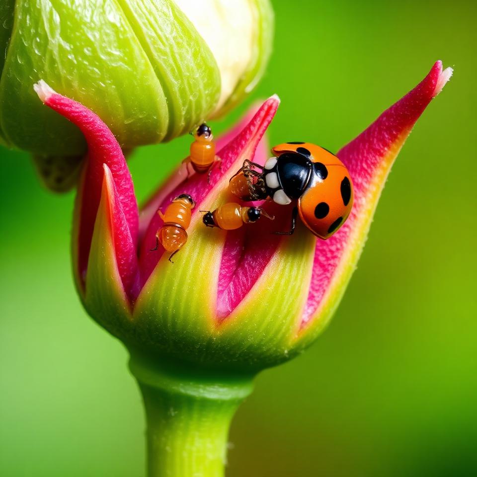Ladybug eating aphids on a flower bud as biological pest control macro photography