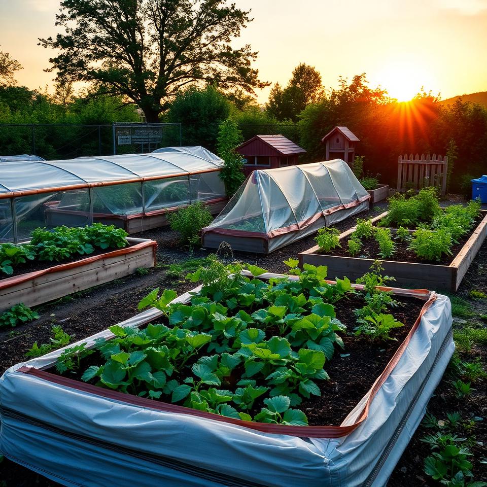 Garden with row covers, raised beds, and bird houses as advanced organic pest prevention at sunset