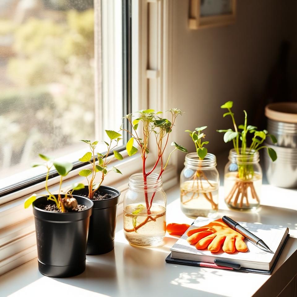 Windowsill with potted plant cuttings in water jars, gardening gloves, and a notebook in warm morning light