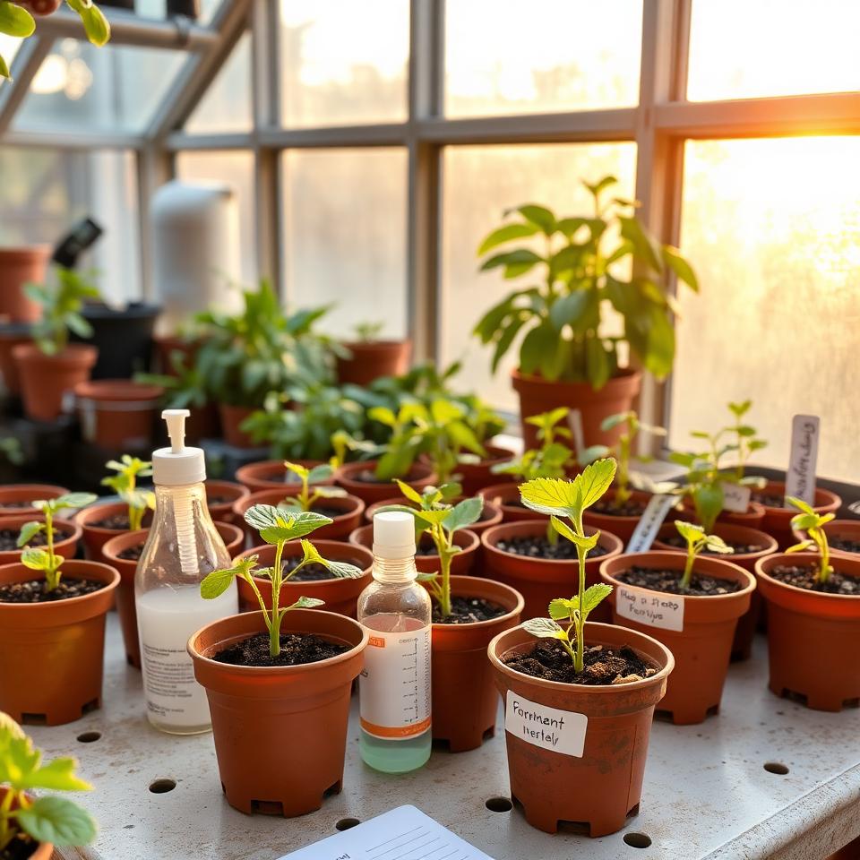 Successfully propagated plants in terracotta pots on a greenhouse potting station at golden hour