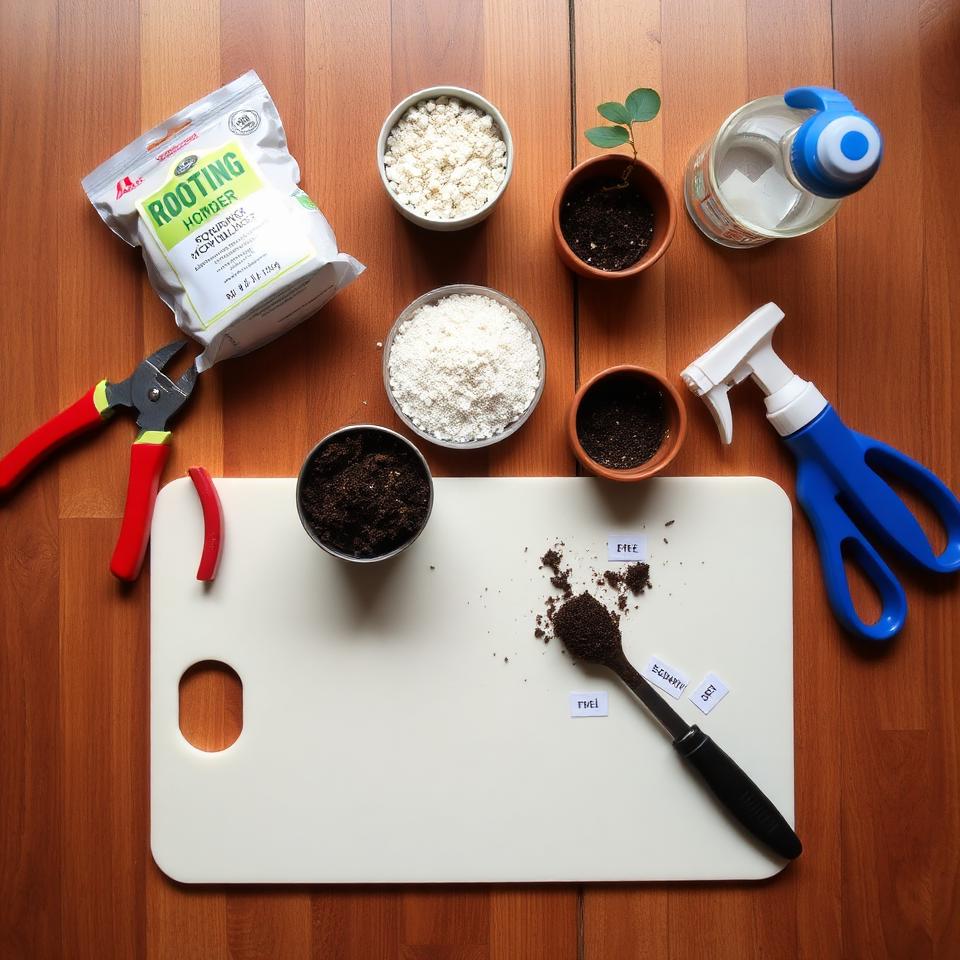 Flat lay of plant propagation tools including pruning shears, rooting hormone, pots, perlite, and spray bottle