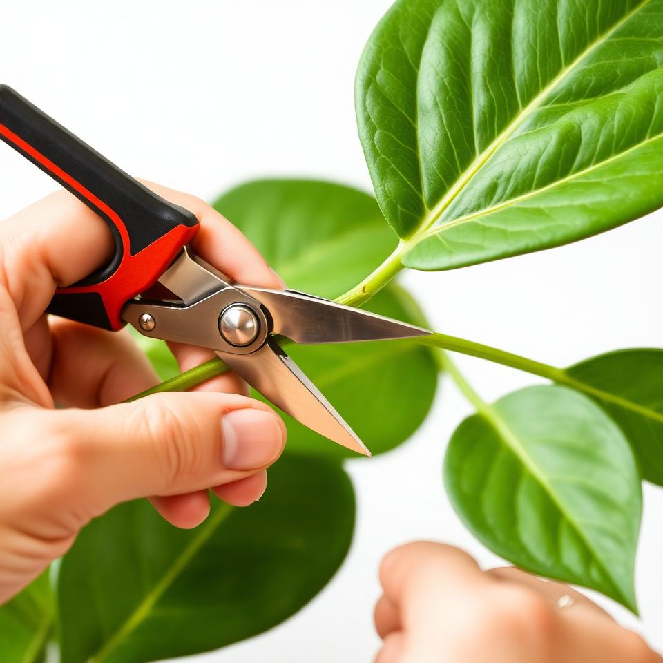Hands making a clean stem cutting from a plant with sharp pruning shears showing the node