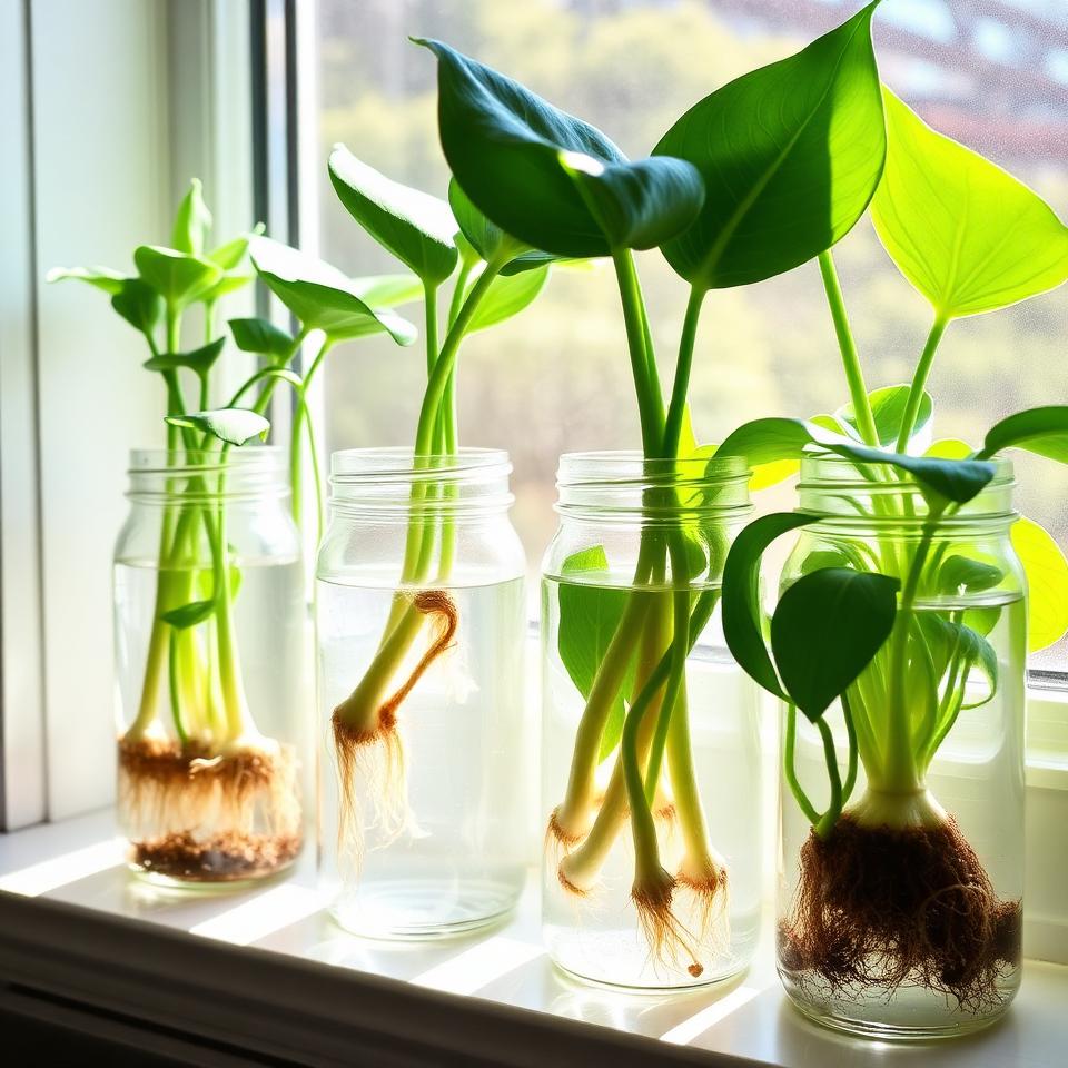 Glass jars on a sunny windowsill with plant stem cuttings rooting in water with visible white roots