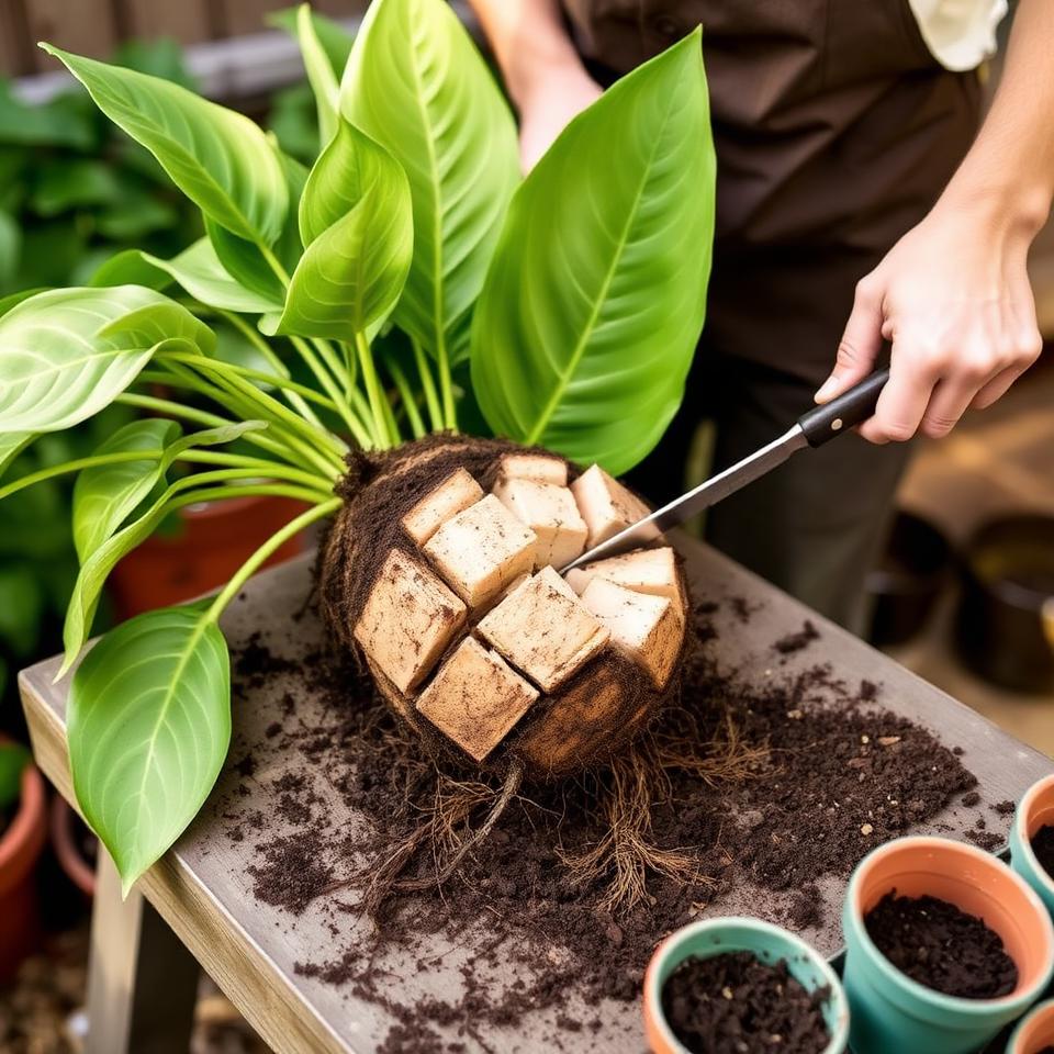 Gardener dividing a large plant root ball into sections on a potting bench with soil and pots