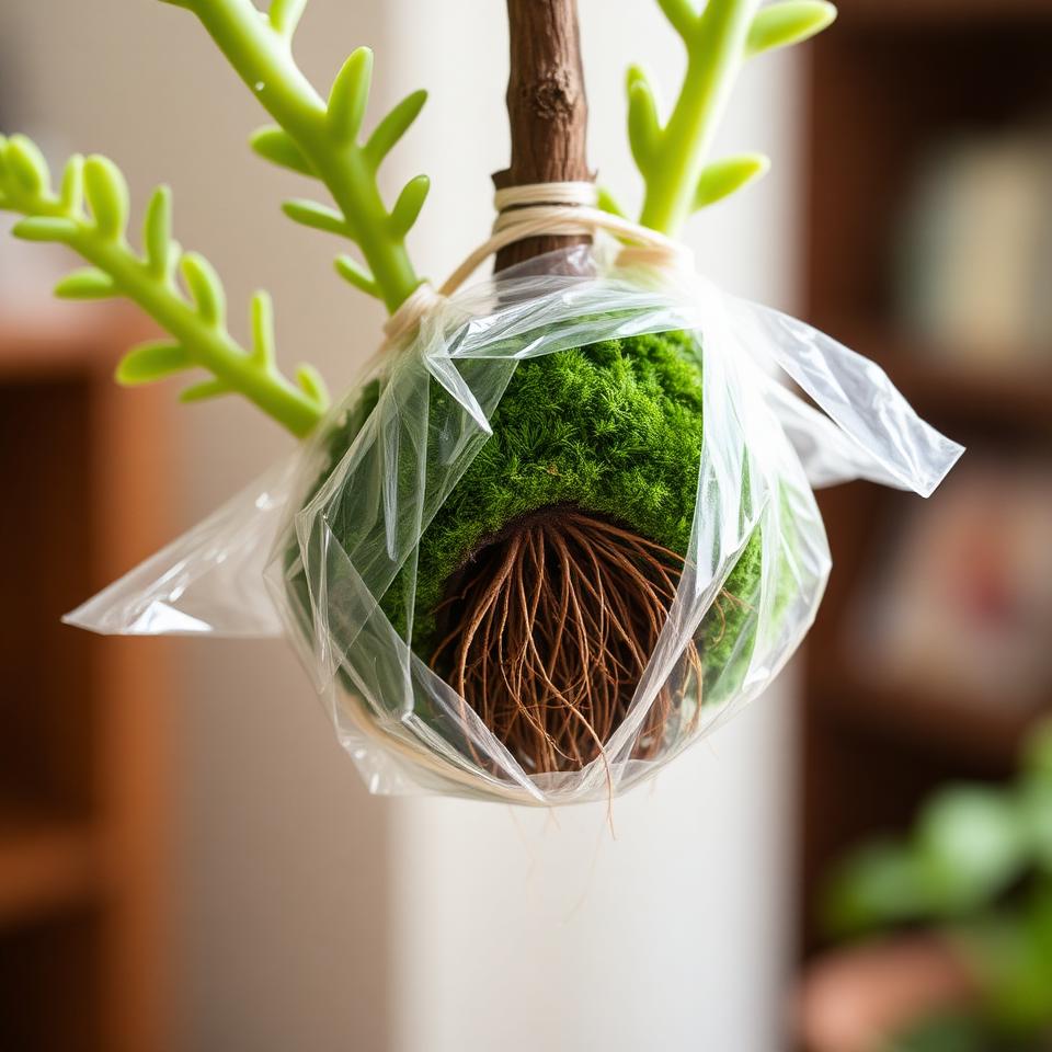 Air layering technique on a woody branch with sphagnum moss wrapped in plastic showing roots forming