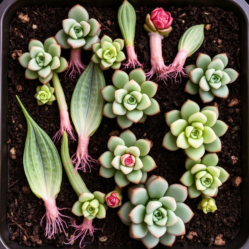 Overhead view of succulent leaf cuttings on soil tray with tiny roots and baby rosettes growing