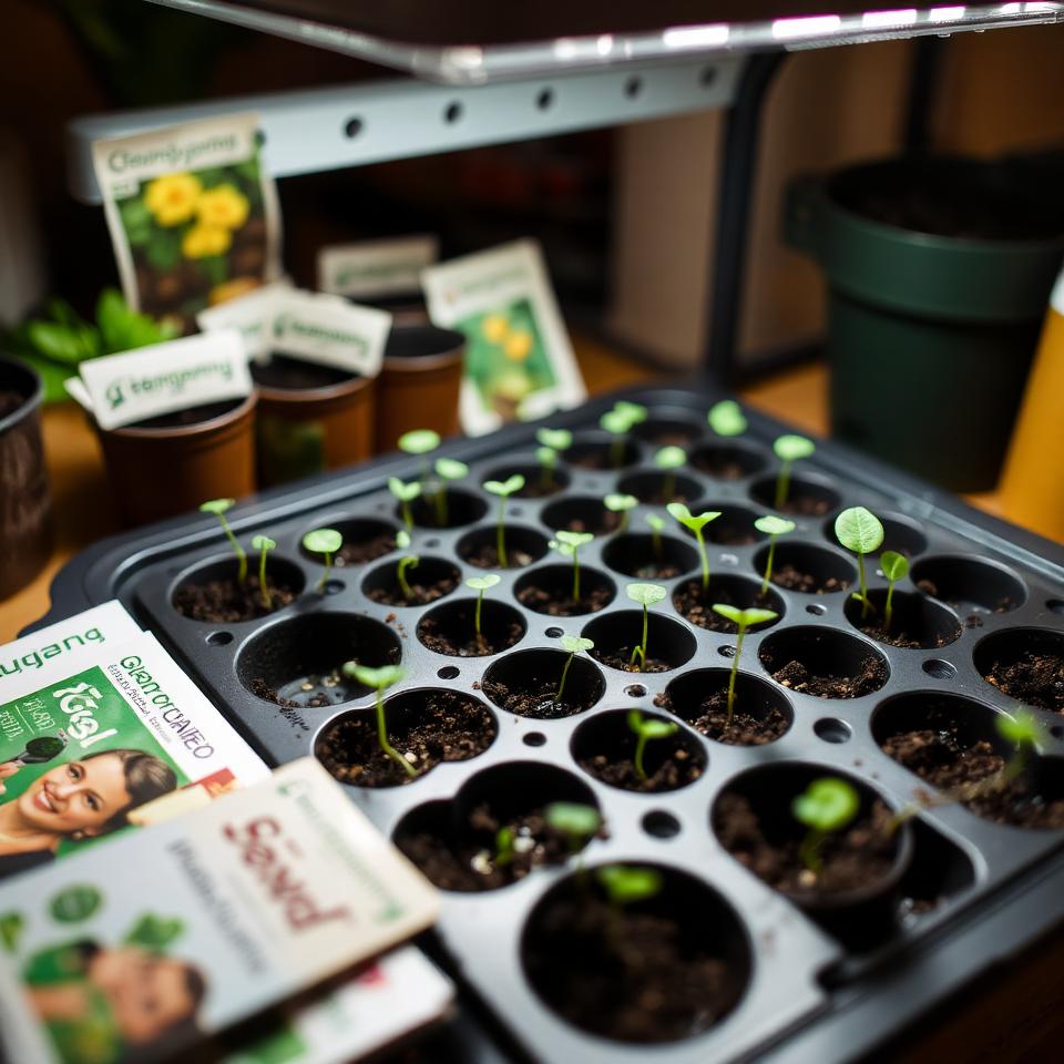 Seed starting tray with small seedlings sprouting under a grow light with seed packets nearby