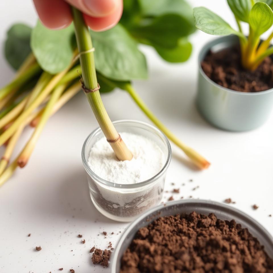 Stem cutting being dipped into rooting hormone powder with fresh cuttings and soil pot nearby