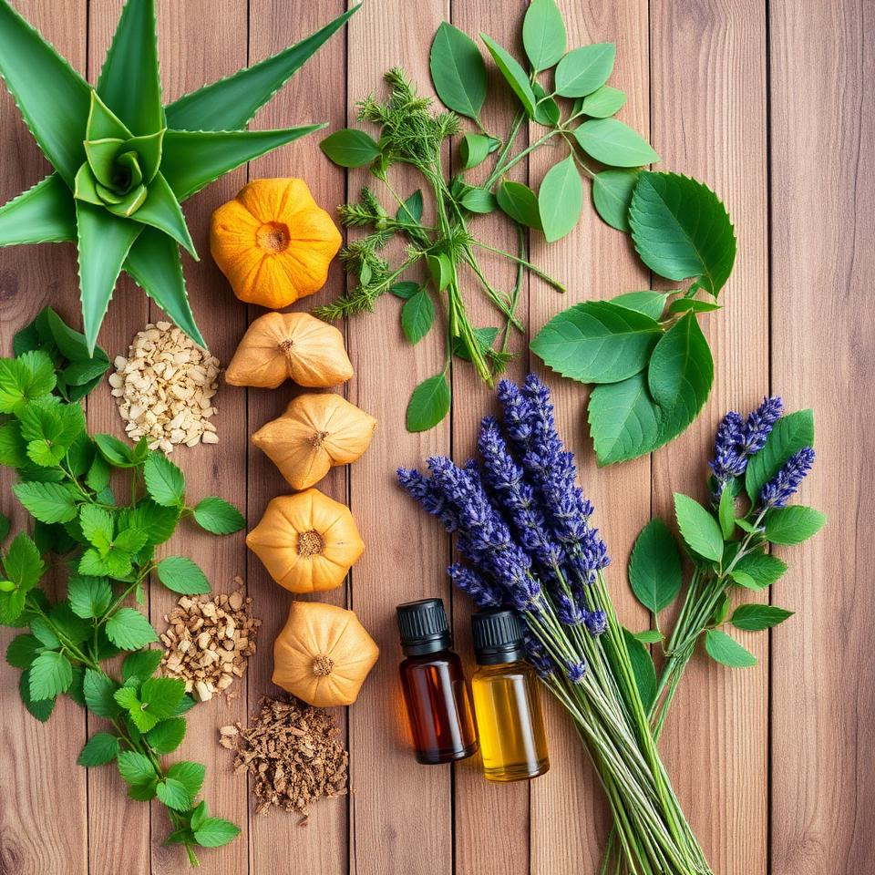 Flat lay of medicinal herbs including aloe vera, turmeric, lavender, and essential oil bottles on a wooden table