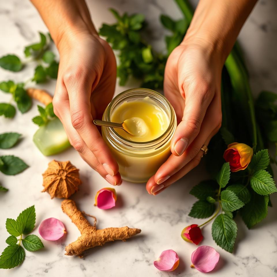 Hands holding a jar of natural herbal skin cream surrounded by turmeric root, rose petals, and fresh herbs