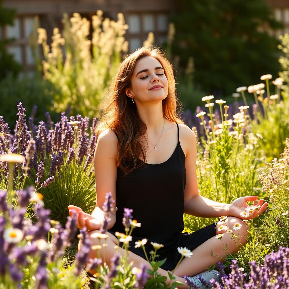 Woman meditating peacefully in a sunlit herb garden surrounded by lavender and chamomile
