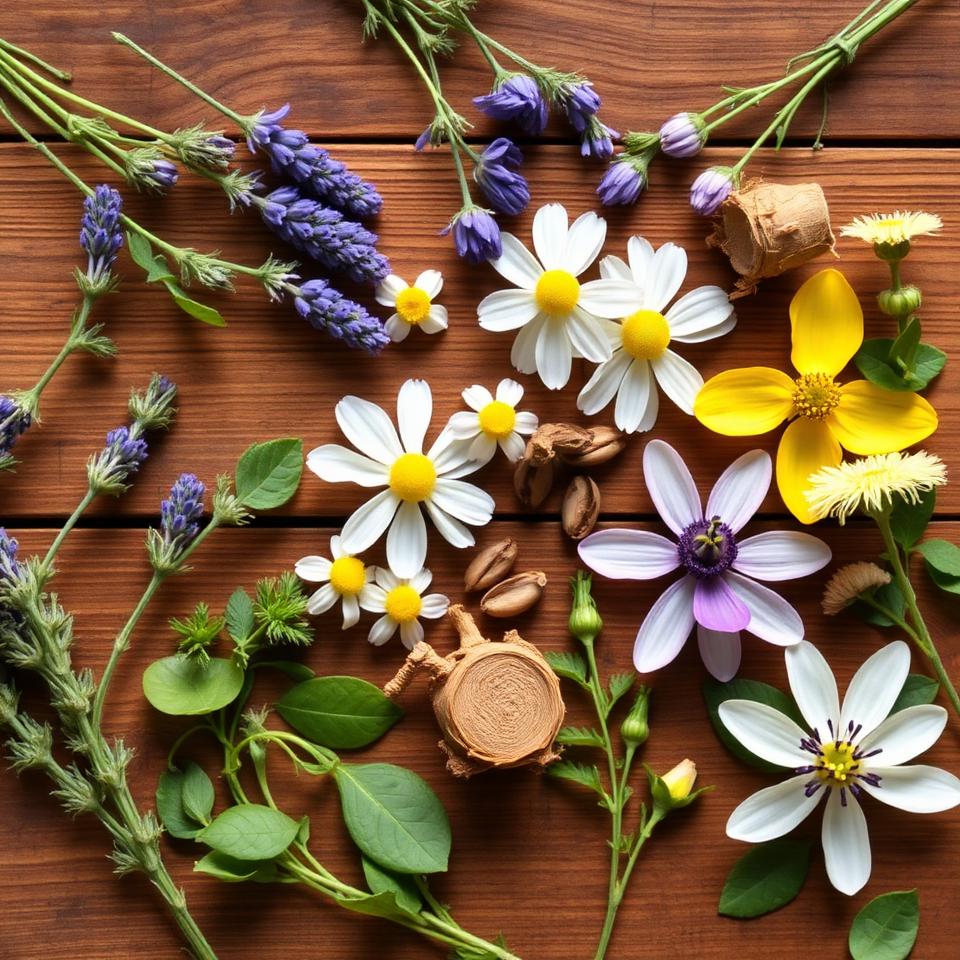 Flat lay of stress relief herbs including lavender, chamomile, ashwagandha root, and passionflower on wood