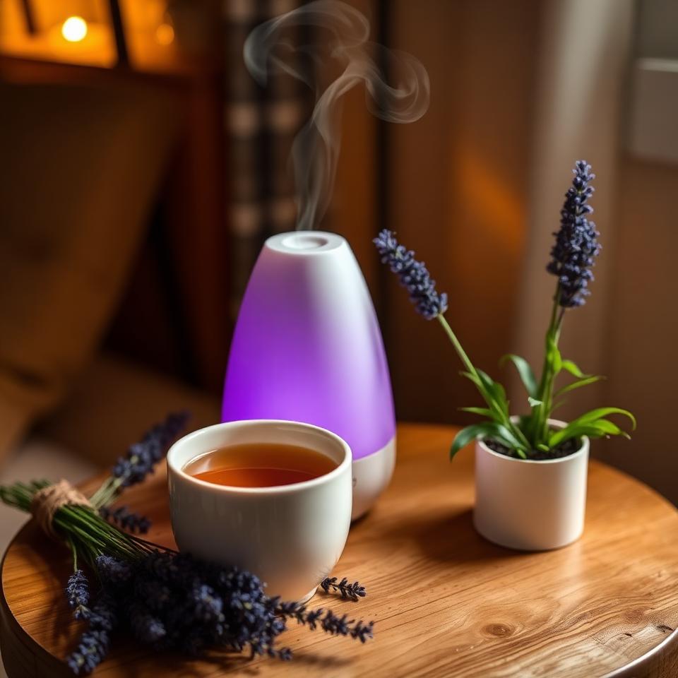 Cozy wellness corner with herbal tea, essential oil diffuser, and dried lavender bundles
