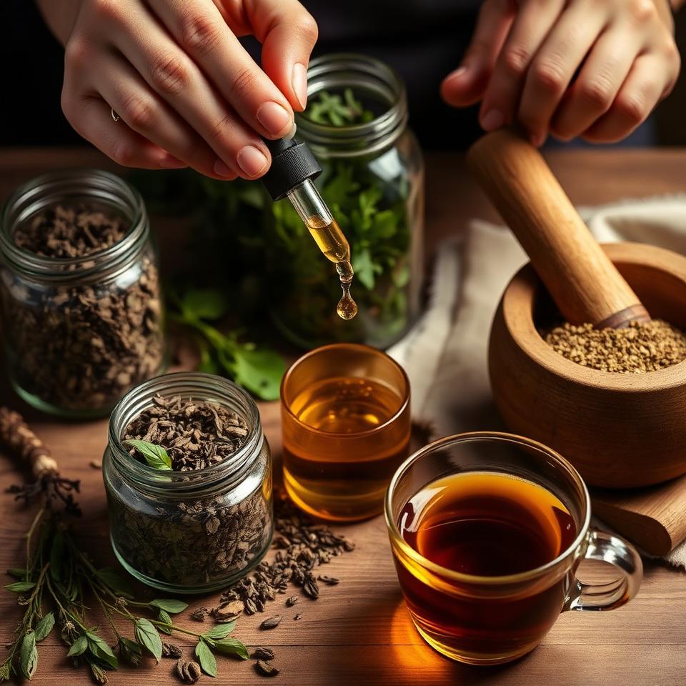 Hands preparing herbal tincture with dropper bottle, mortar and pestle, and calming tea