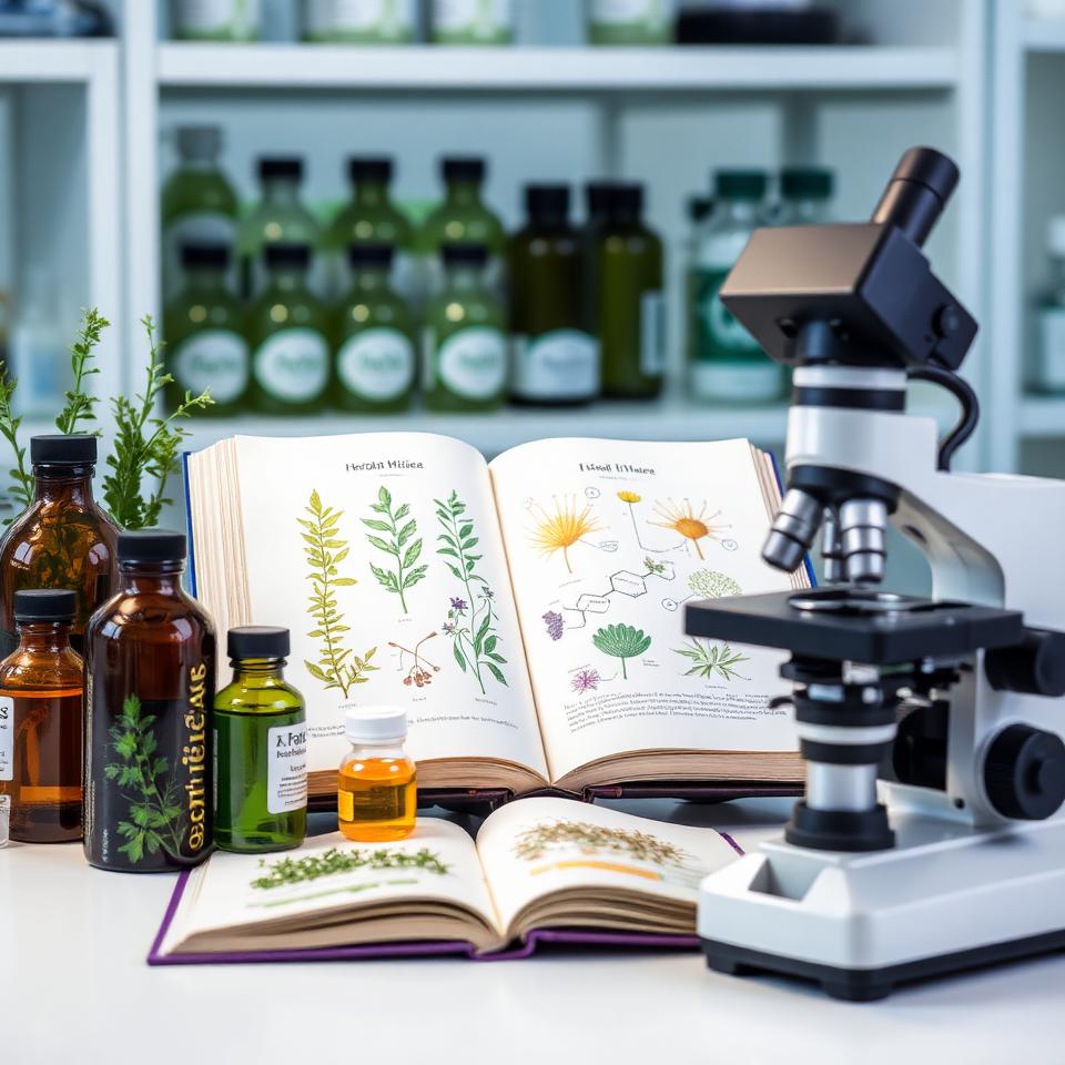 Scientific research setting with herbal medicine bottles, botanical illustrations, and microscope