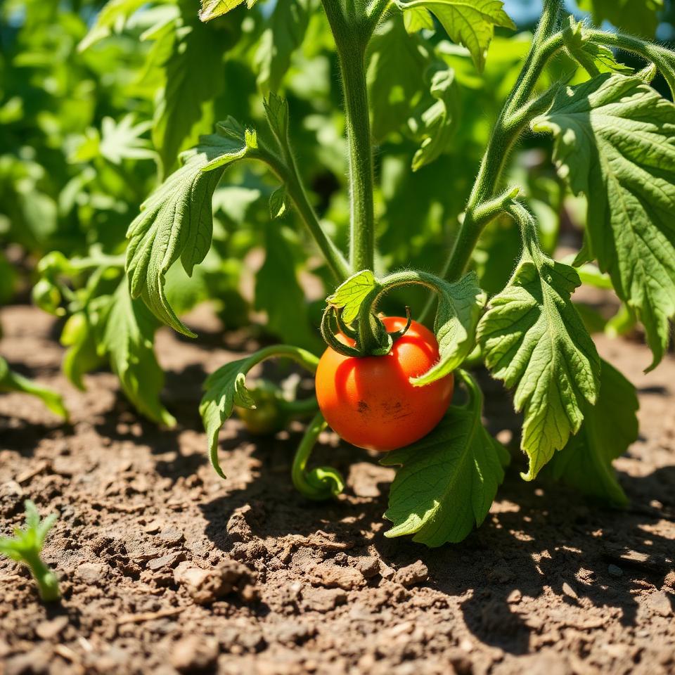 Tomato plant with curling leaves from heat stress in dry cracked soil under intense summer sun