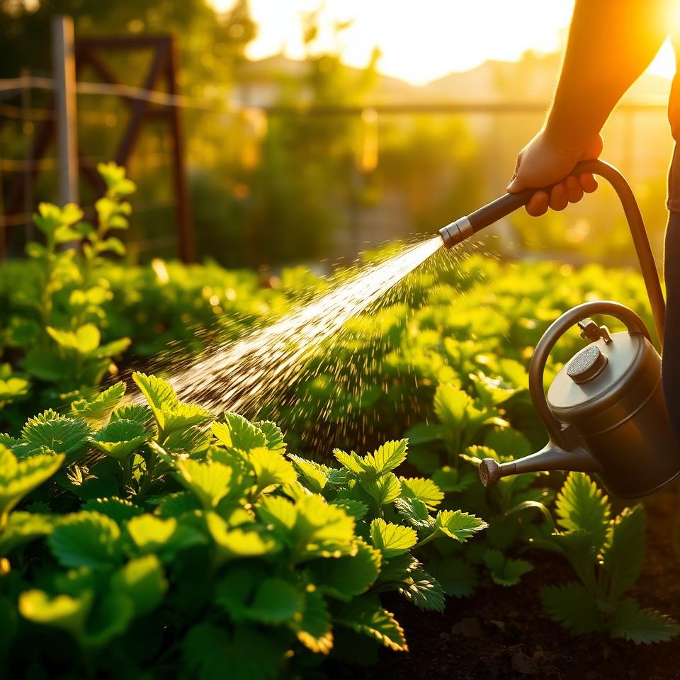 Gardener watering vegetable garden with hose in early morning golden light with glistening plants