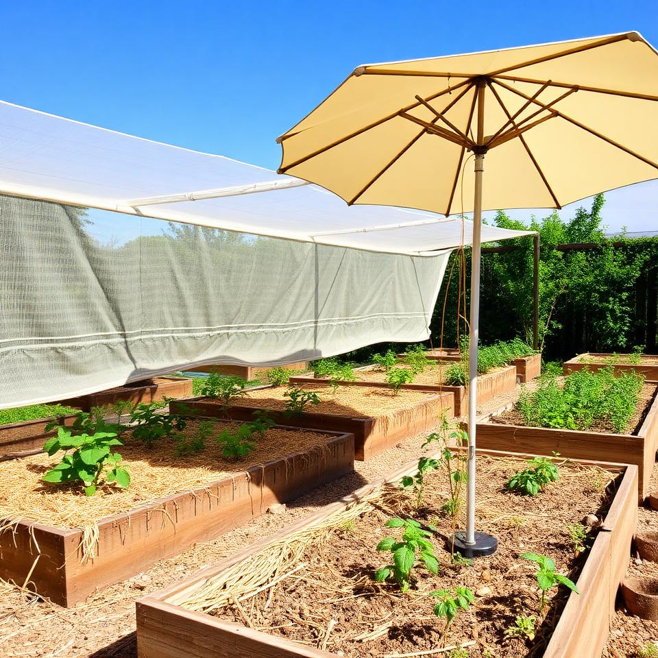 Garden with shade cloth and umbrella protecting raised beds with straw mulch on a hot summer day