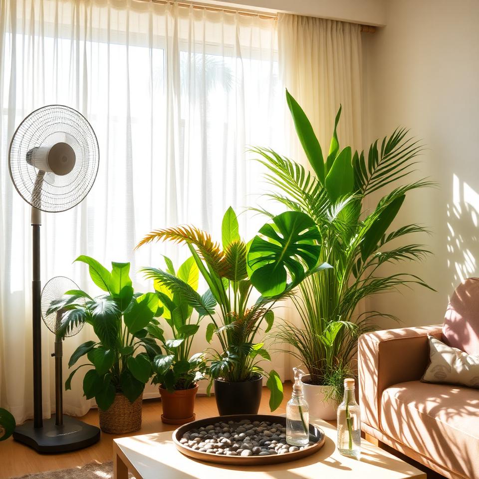 Indoor houseplants near window with sheer curtains, pebble tray, fan, and misting bottle in summer