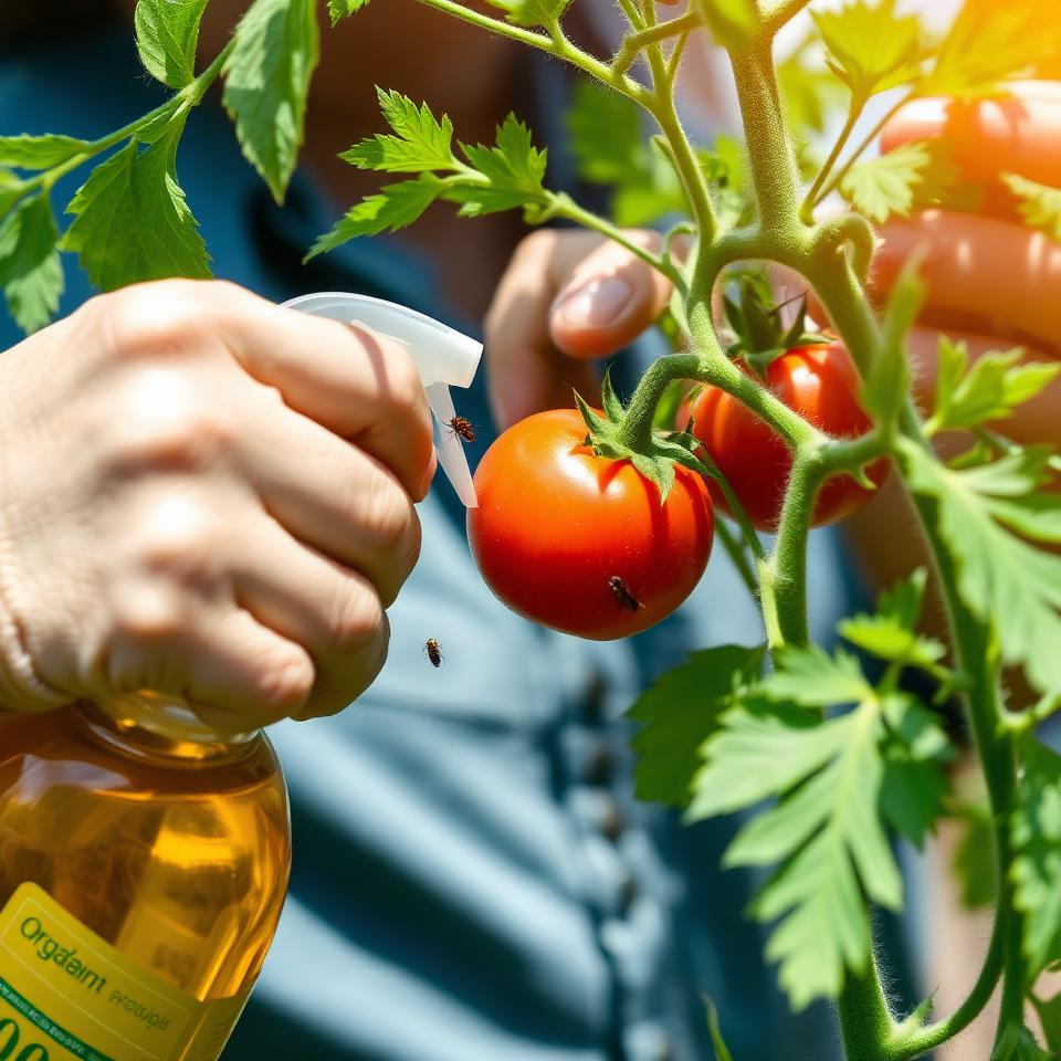 Gardener spraying organic neem oil on tomato plants for summer pest control in bright sunny garden