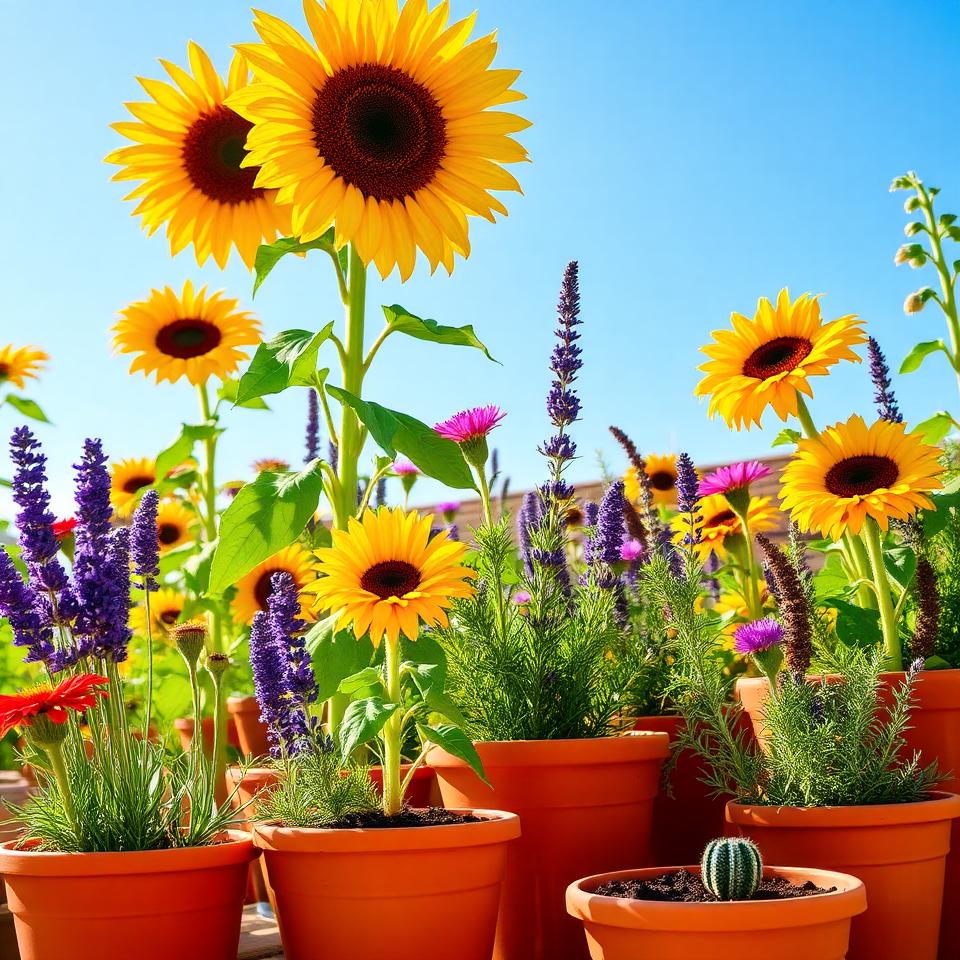 Vibrant heat-tolerant plants: sunflowers, lavender, and succulents thriving in terracotta pots under blue sky