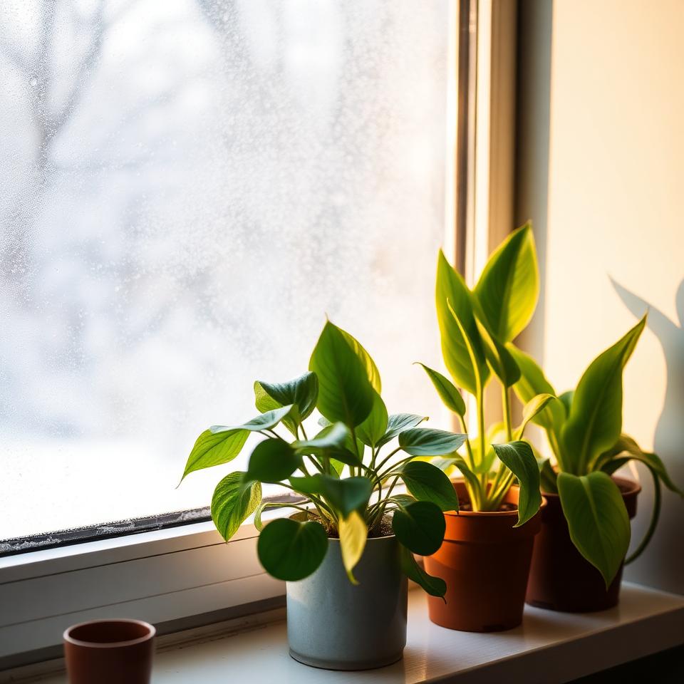 Indoor houseplants on a windowsill with frost on the glass outside during winter, warm cozy lighting