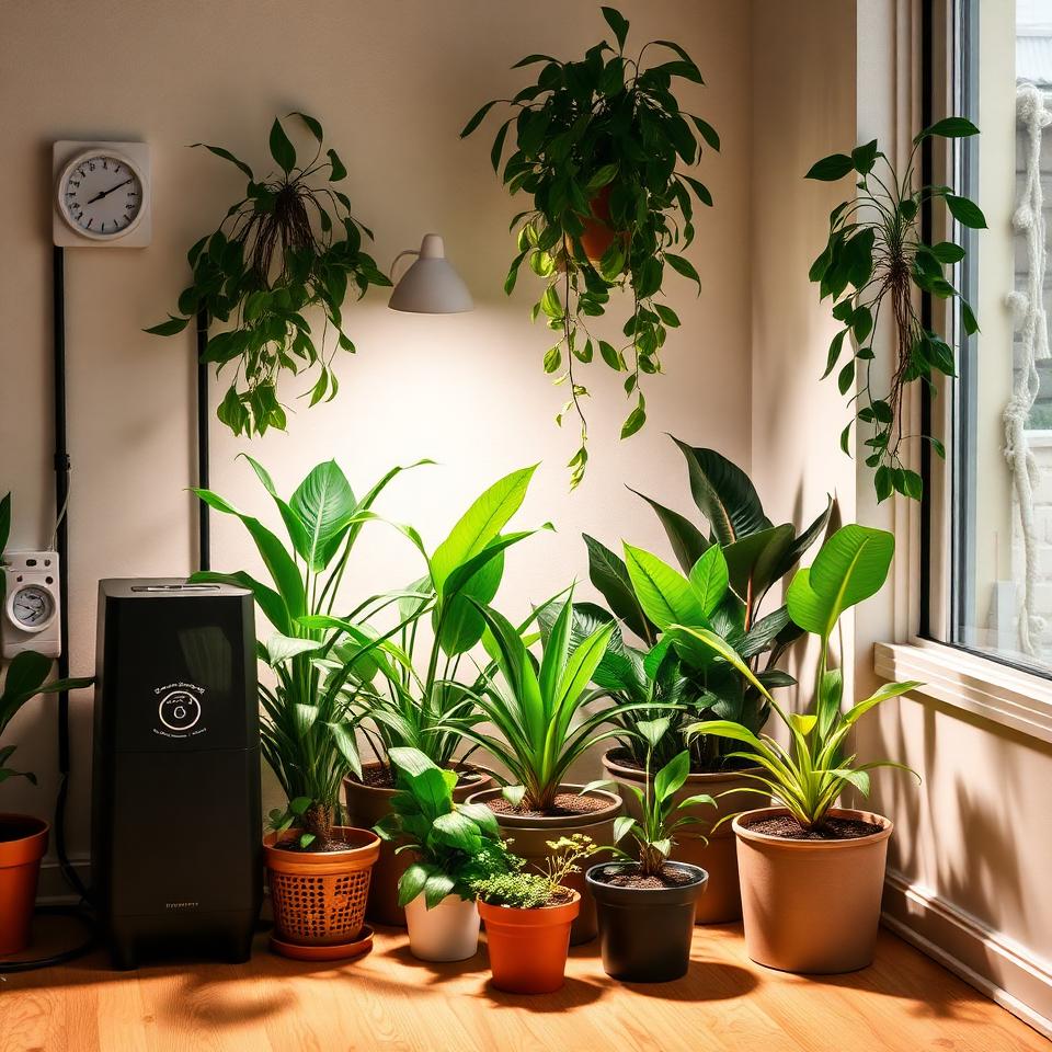 Optimal indoor plant microclimate setup with humidifier, grow lights, and grouped tropical plants