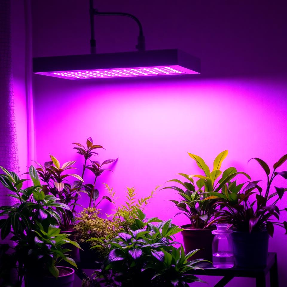 LED grow light illuminating tropical houseplants with purple-pink glow in a dark winter room