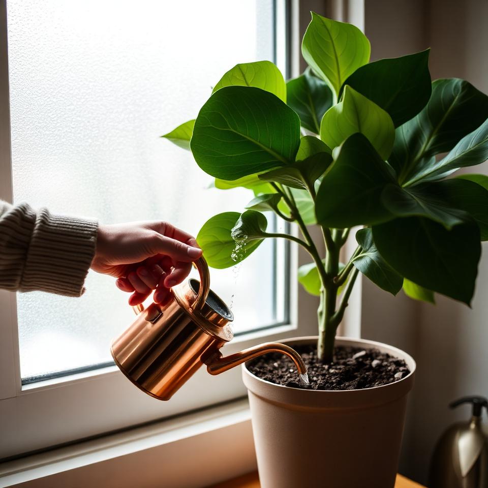 Hand watering a fiddle leaf fig with a copper watering can near a frosted winter window