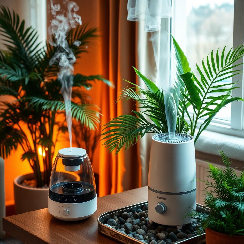 Humidifier running next to tropical houseplants with mist rising around ferns and palms in winter