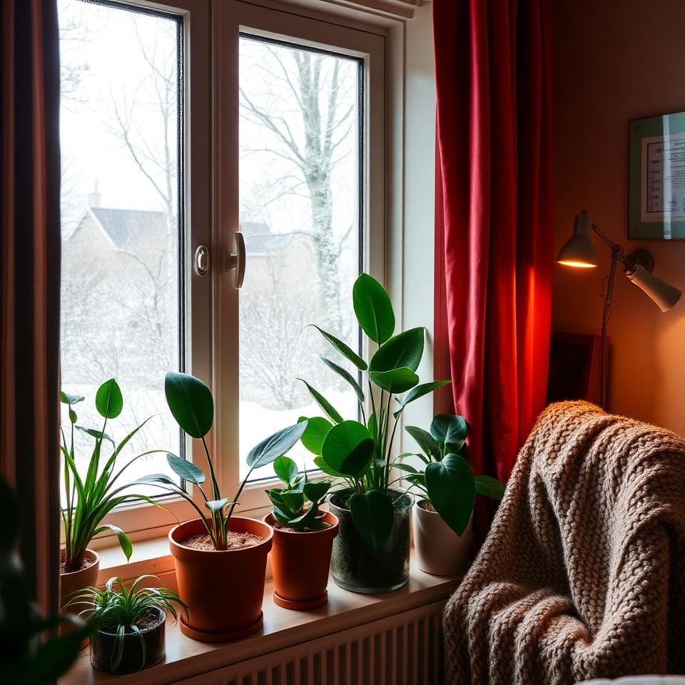 Houseplants arranged on a windowsill with snowy scene outside, cozy blanket and radiator nearby